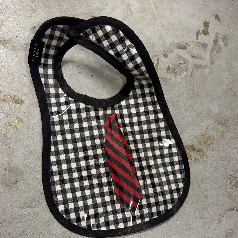 Checkered Baby Bib with Red Tie Design - Red Tie Plastic Velcro Easy Wash BIB